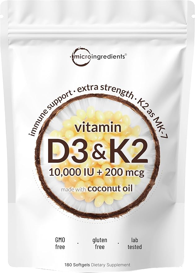Micro Ingredients Vitamin D3 + K2 Softgels | Made with Virgin Coconut Oil | Non-GMO