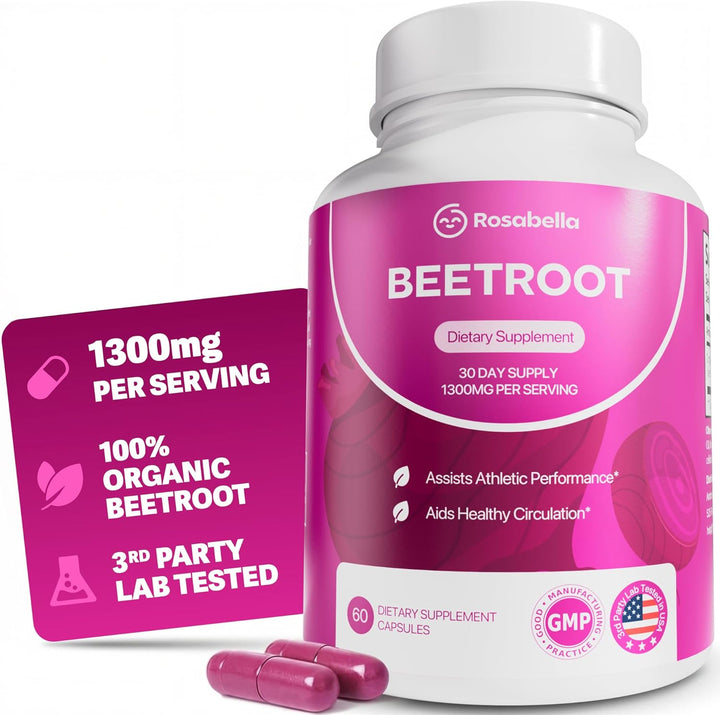 Rosabella Organic Beet Root Capsules 1300mg for Circulation & Vitality, 60 Count