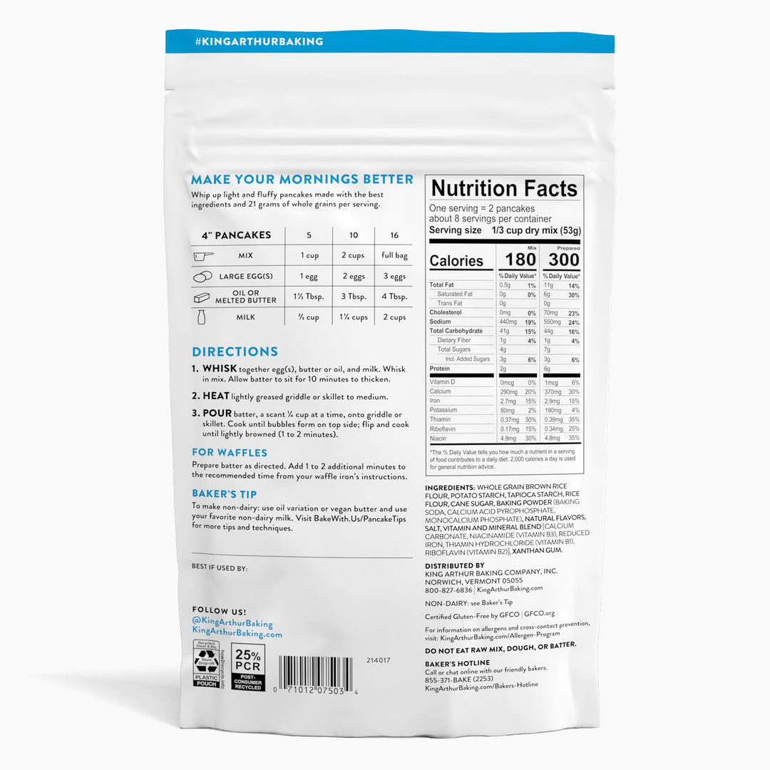 Back of a King Arthur Baking mix package with nutritional information and directions.