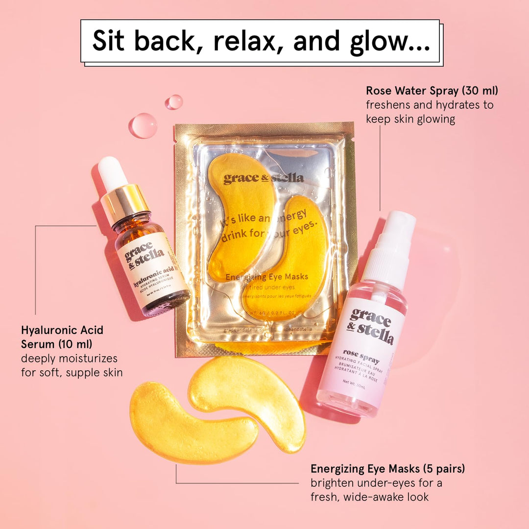 Grace & Stella Award-Winning Skincare Gift Set for Women – Travel-Size Face Essentials with Gold Eye Masks, Hyaluronic Acid Serum & Rose Spray – Vegan & Cruelty-Free