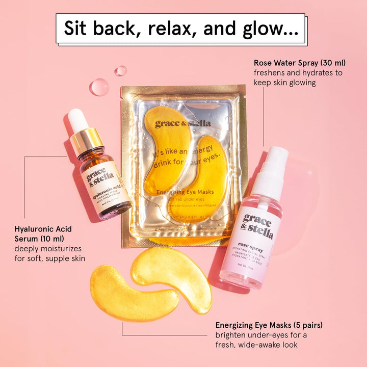 Grace & Stella Award-Winning Skincare Gift Set for Women – Travel-Size Face Essentials with Gold Eye Masks, Hyaluronic Acid Serum & Rose Spray – Vegan & Cruelty-Free