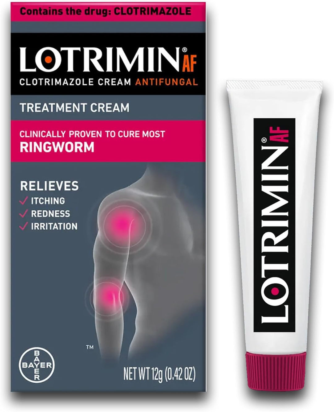 Lotrimin AF clotrimazole cream treatment cream shown with its retail box and a single squeeze tube. The packaging features a dark gray background with a pink band, white and black branding, and an illustration of a knee with pink inflammation highlights.