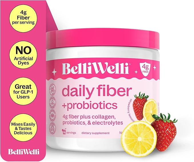 Belli Welli Daily Fiber Supplement – Organic Acacia Fiber with Collagen, Electrolytes & Probiotics – 30 Servings