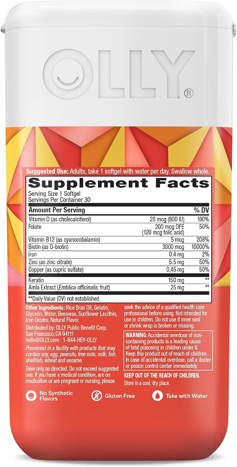 OLLY Ultra Strength Hair Softgels, Biotin & Keratin, 30 Ct