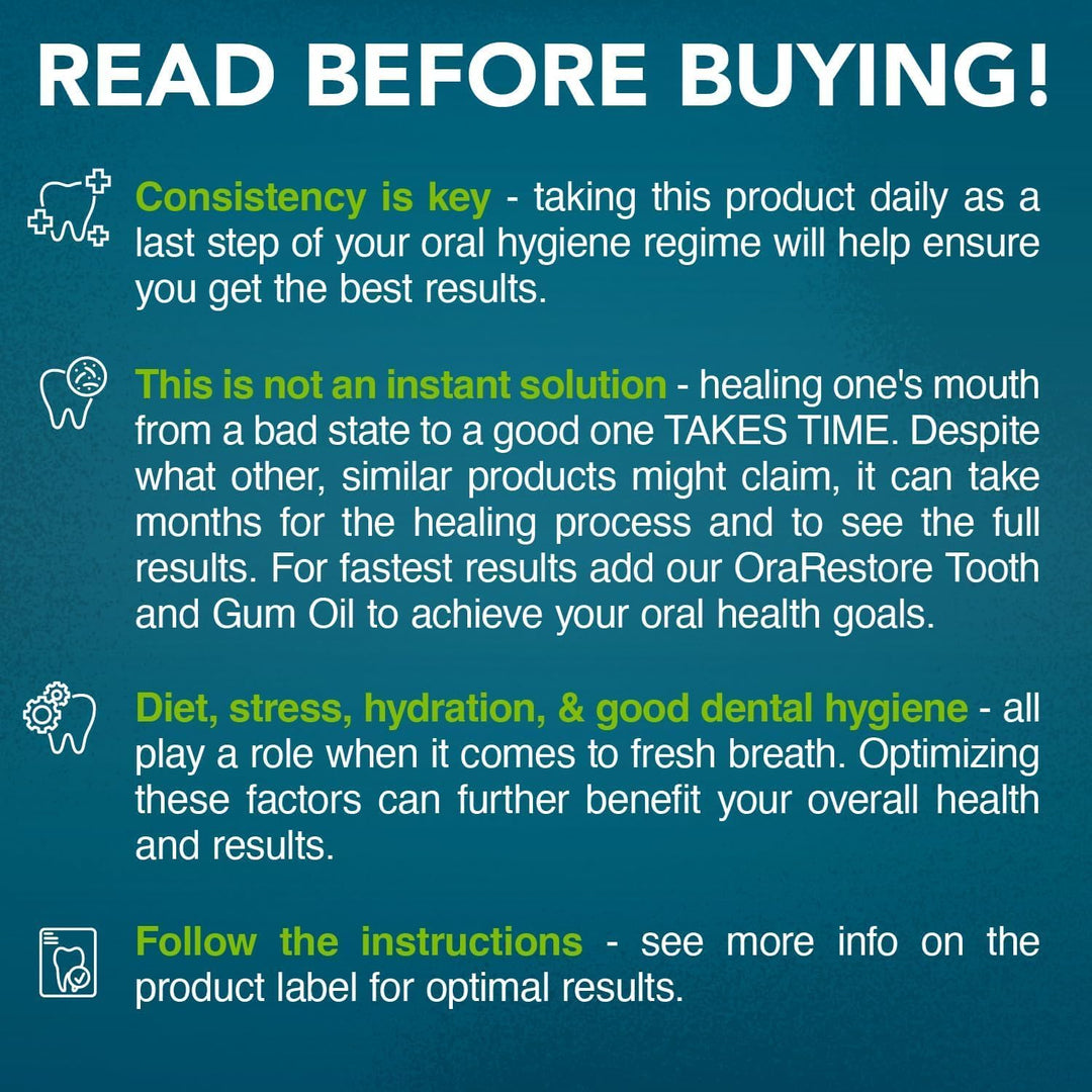 Instructional text on a blue background about using a product for oral hygiene, with icons and warnings.