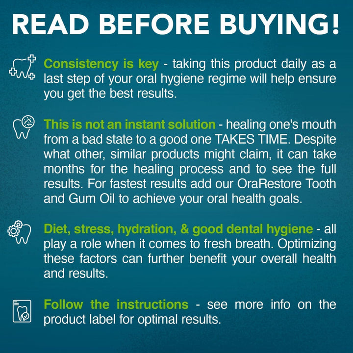 Instructional text on a blue background about using a product for oral hygiene, with icons and warnings.