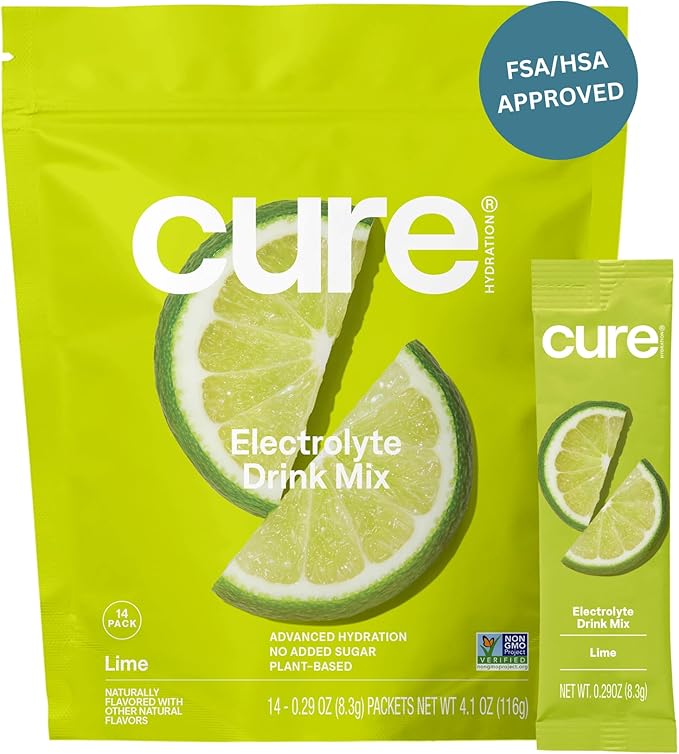 Cure Hydration Electrolyte Drink Mix – Plant-Based, No Added Sugar – Coconut Water Powder – 14 Packets