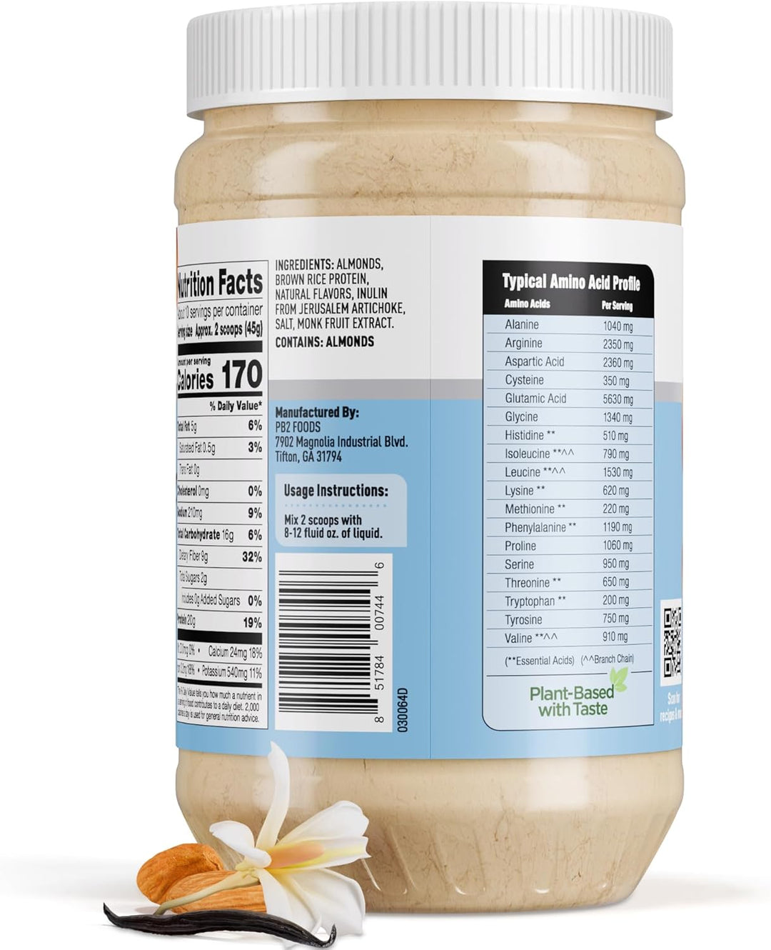 PB2 Performance Almond Vegan Protein Powder, Vanilla, 20g Plant Protein, No Added Sugar, 1 lb