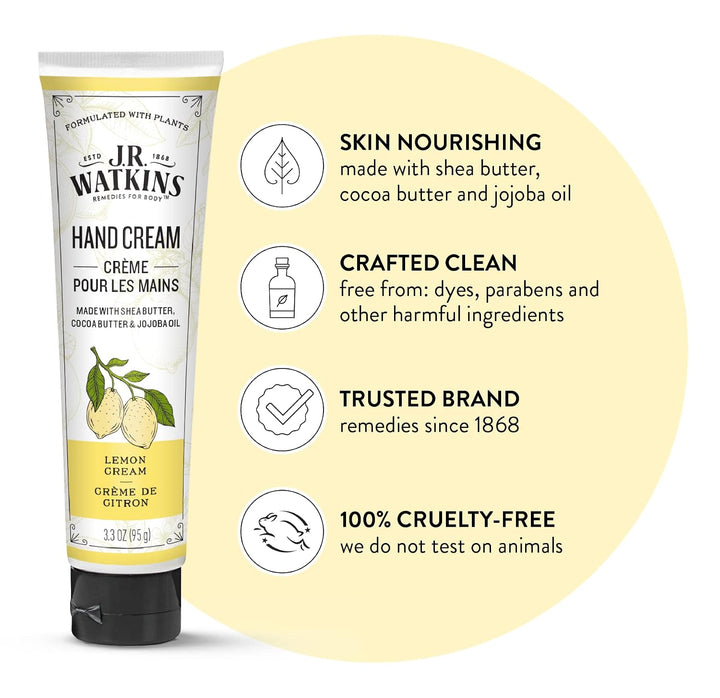 JR Watkins hand cream tube with lemon flavor on a white background