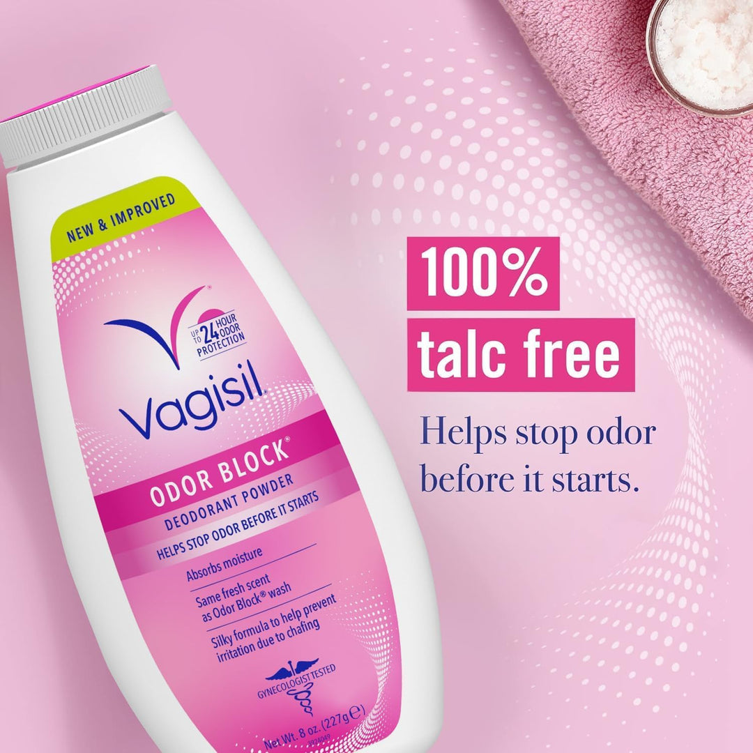 Vagisil Odor Block deodorant powder on a pink background with text highlighting '100% talc free'.