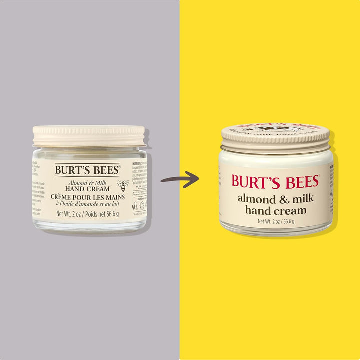 Two jars of Burt's Bees almond and milk hand cream on a gray and yellow background