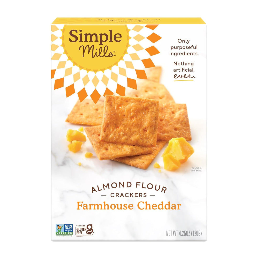 Box of Simple Mills Almond Flour Crackers Farmhouse Cheddar flavor on a white background