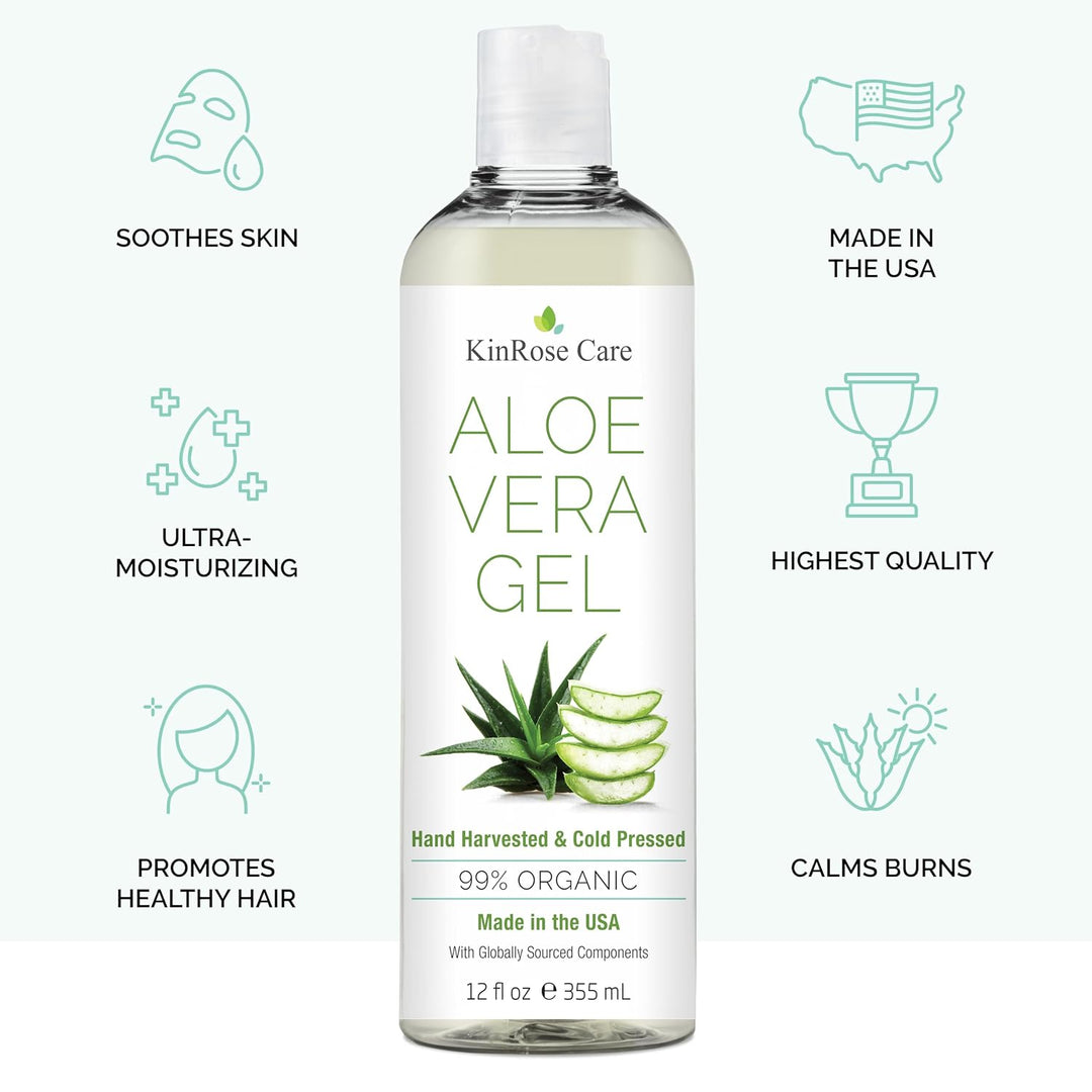 KinRose Care 99% Pure Organic Aloe Vera Gel for Face, Skin, and Hair, 12 fl oz
