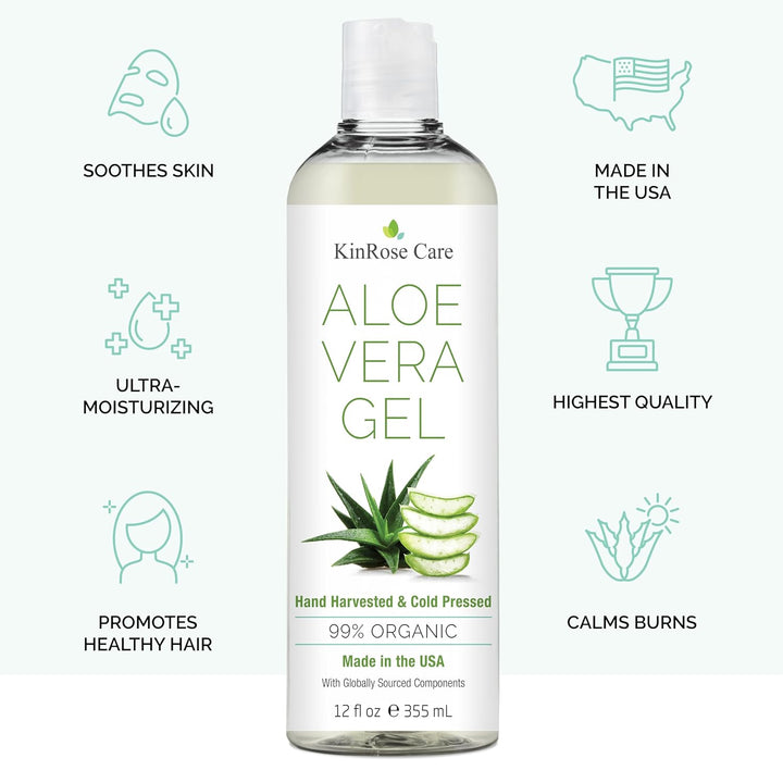 KinRose Care 99% Pure Organic Aloe Vera Gel for Face, Skin, and Hair, 12 fl oz