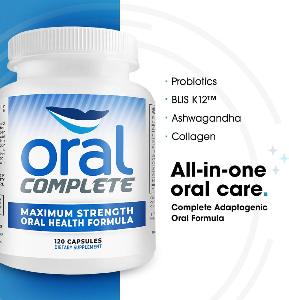 A white bottle of Oral Complete dietary supplement with a blue and white label, shown alongside text highlighting key ingredients: Probiotics, BLIS K12®, Ashwagandha, and Collagen.