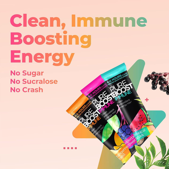 Pure Boost Immune energy drinks with colorful packaging on a light pink background