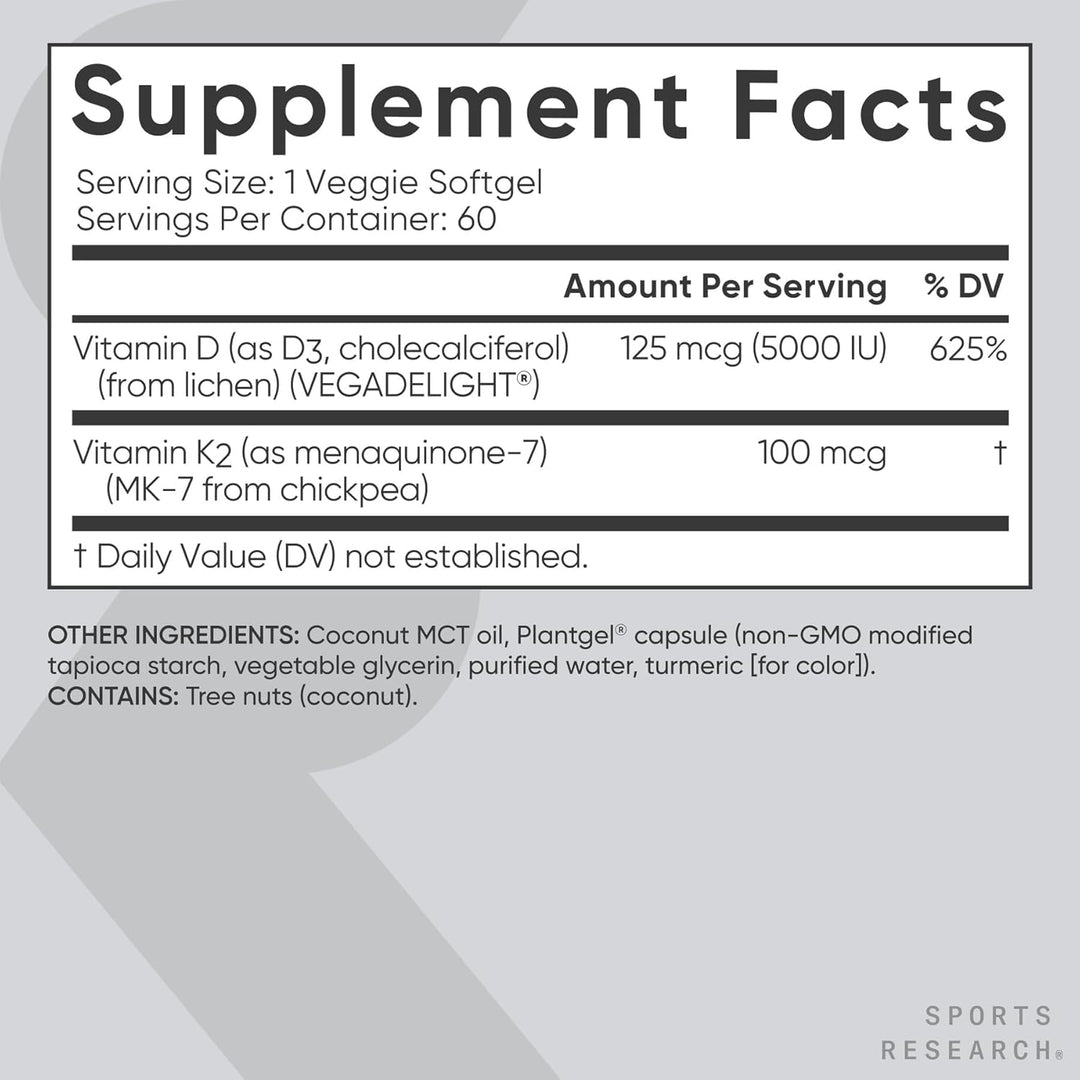 Sports Research Vegan Vitamin D3 + K2 with Coconut MCT Oil, 60 Plantgels