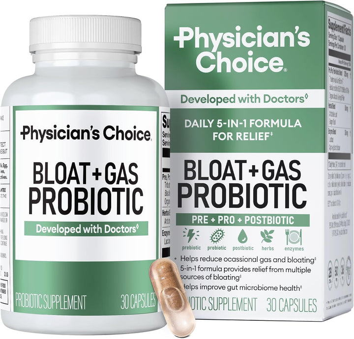 Physician's Choice Bloat & Gas Probiotic, 5-in-1 Daily Digestive Health Supplement, 30 Capsules