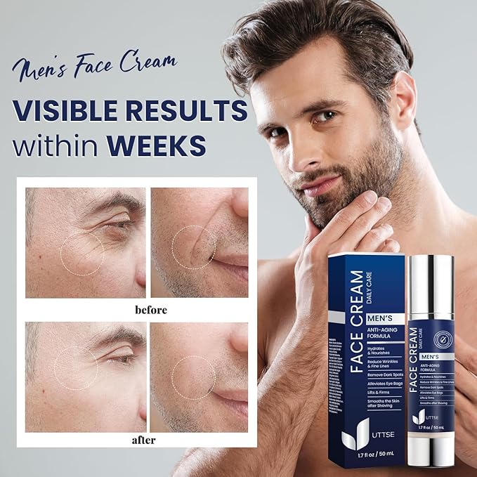 UTTSE 6-in-1 Men’s Moisturizer 50ml – Daily Face Cream with Caffeine & Vitamin B3 – For Dull, Puffy or Tired Skin
