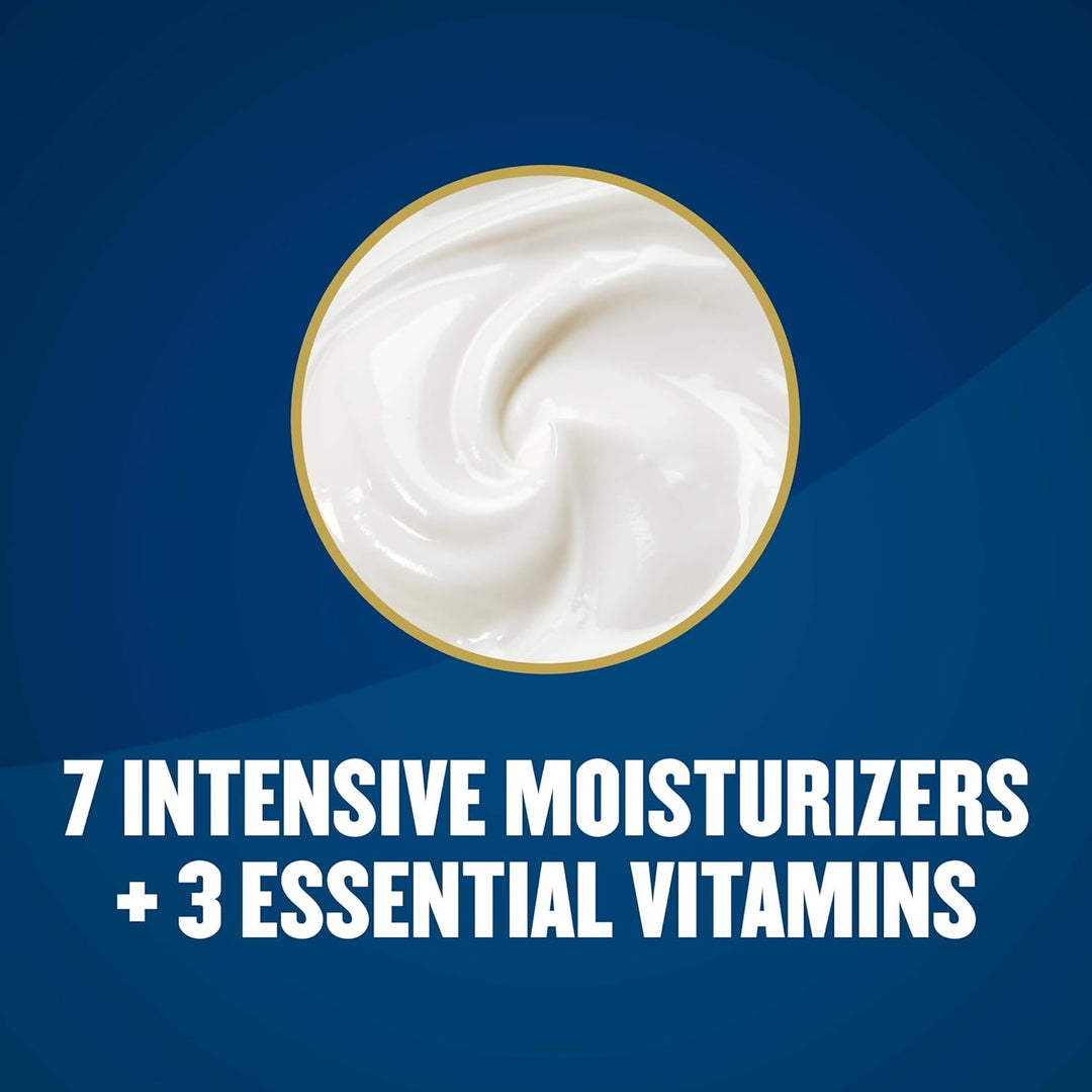 White cream in a round container with text on a blue background