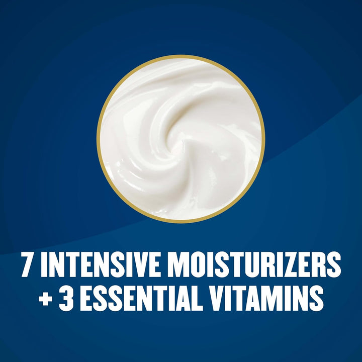 White cream in a round container with text on a blue background