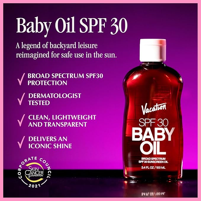 Vacation Baby Oil SPF 30 & Air Freshener Bundle, Hydrating & Nourishing, Mineral-Oil Free, Lightweight Formula, Transparent On All Skin Tones, Travel Size Sunscreen, 3.4 Fl. Oz.