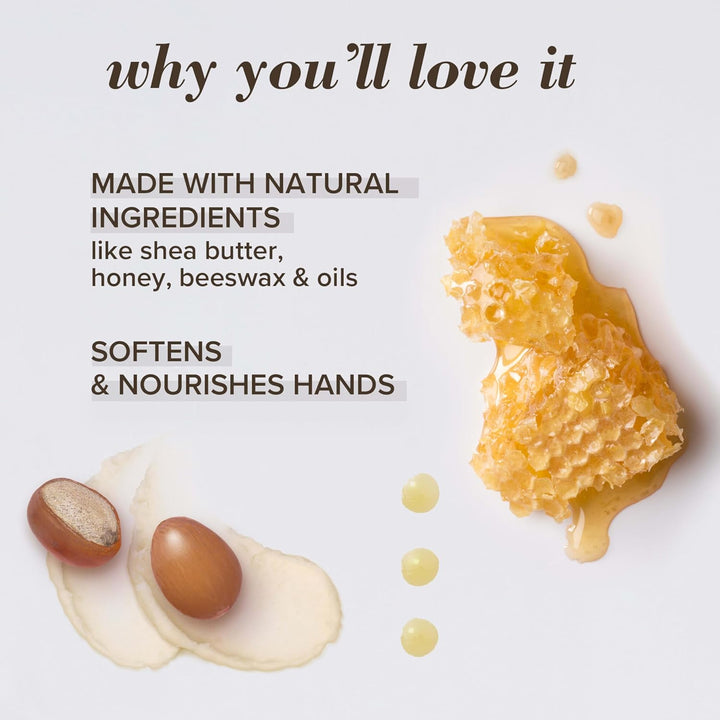 Product description with natural ingredients like shea butter, honey, beeswax, and oils on a light background.