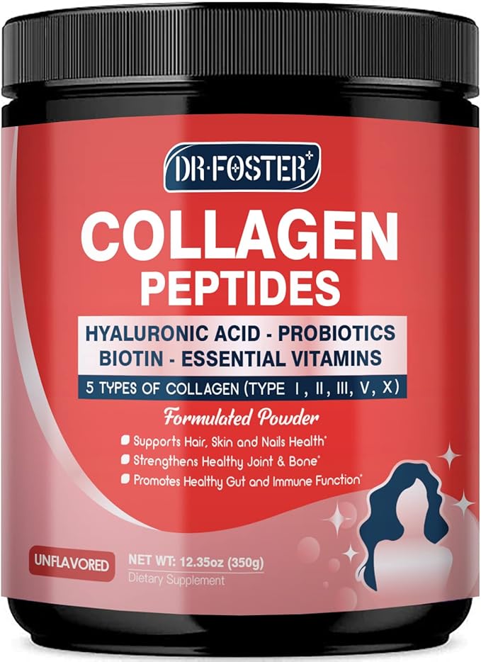 DRFOSTER Multi Collagen Peptides Powder with Probiotics – Type I, II, III, V, X – Hydrolyzed Collagen with Biotin, Hyaluronic Acid & Multivitamins – 35 Servings (390g)