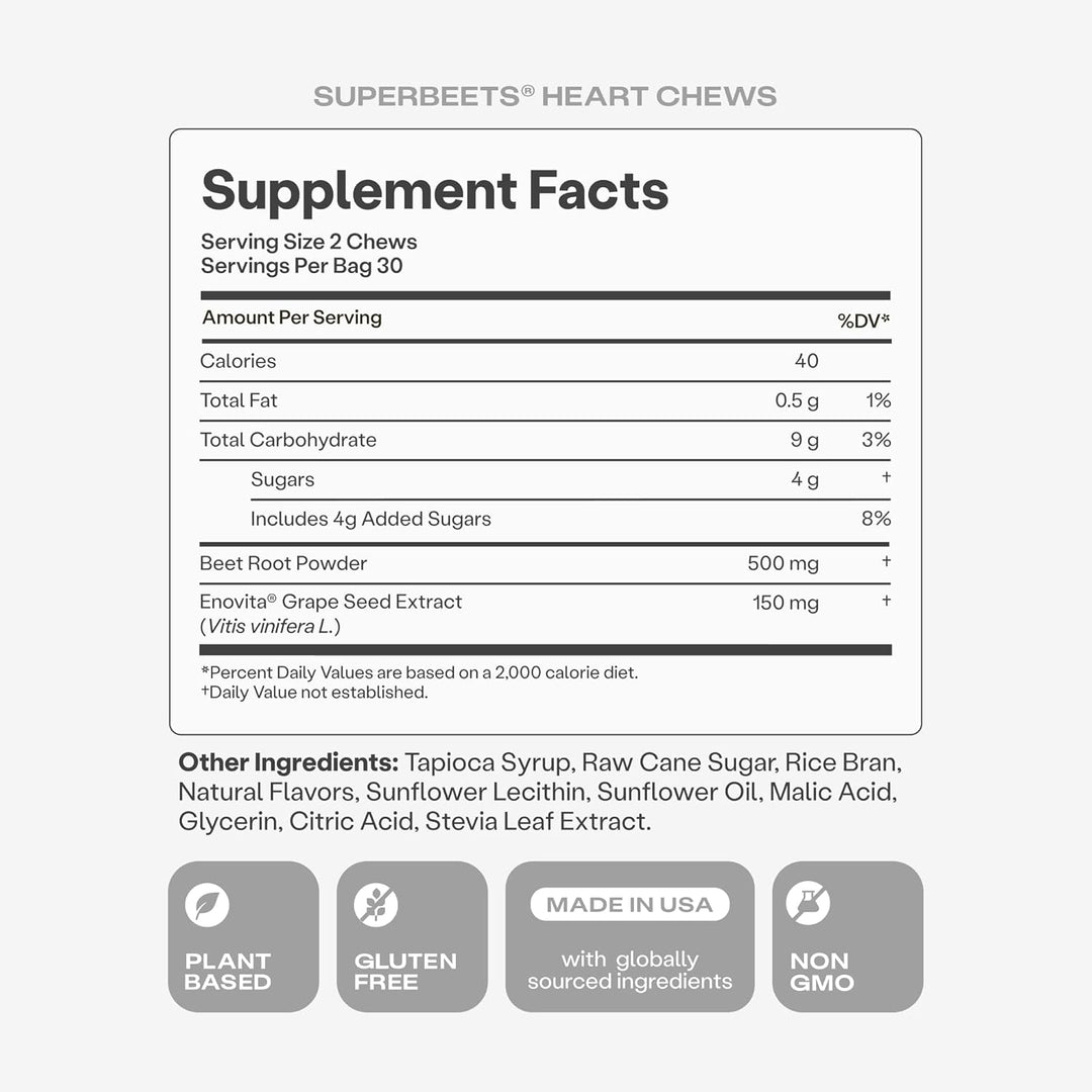 humanN SuperBeets Heart Chews with Grape Seed Extract & Beetroot, 60 Count