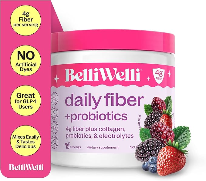 Belli Welli Daily Fiber Supplement – Organic Acacia Fiber with Collagen, Electrolytes & Probiotics – 30 Servings
