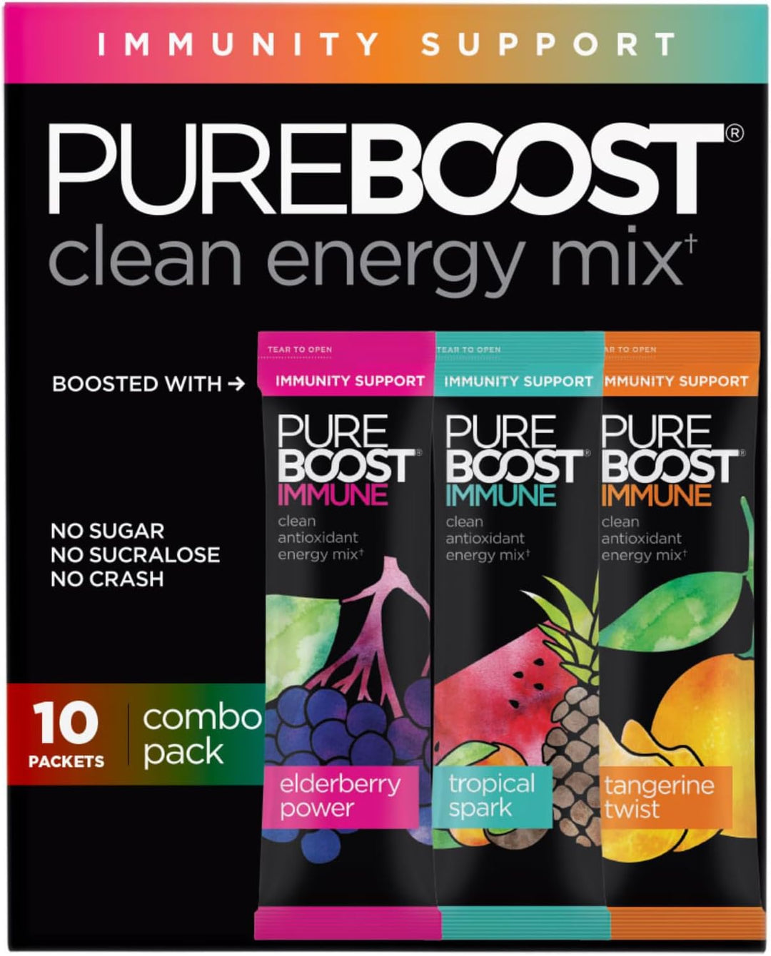 Box of PureBoost immune energy mix with colorful packaging and text on a black background