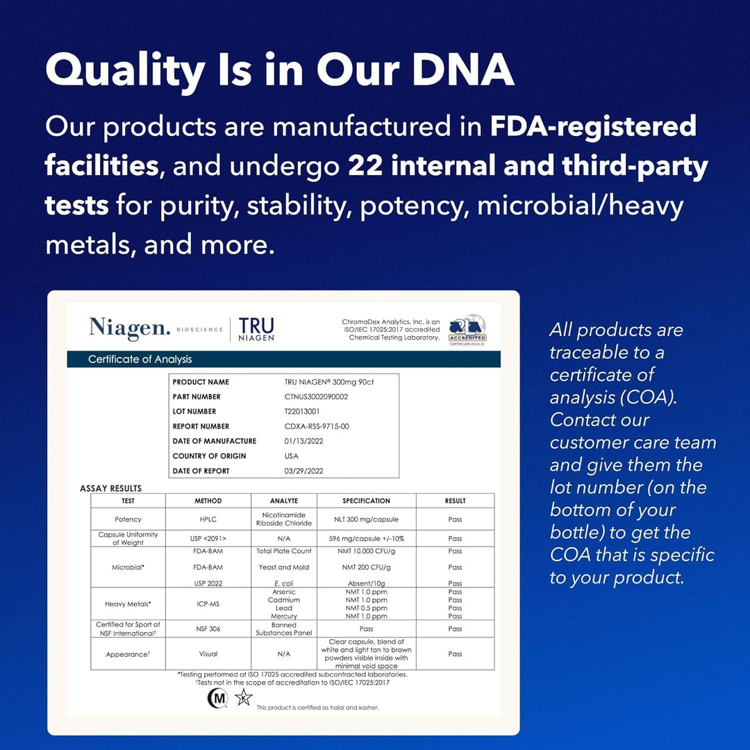 Tru Niagen Patented NAD+ Supplement Nicotinamide Riboside 300mg, 30 Servings