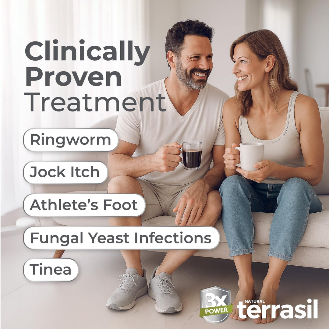 Man and woman sitting on a couch holding drinks with text about fungal infections and Terrasil brand.