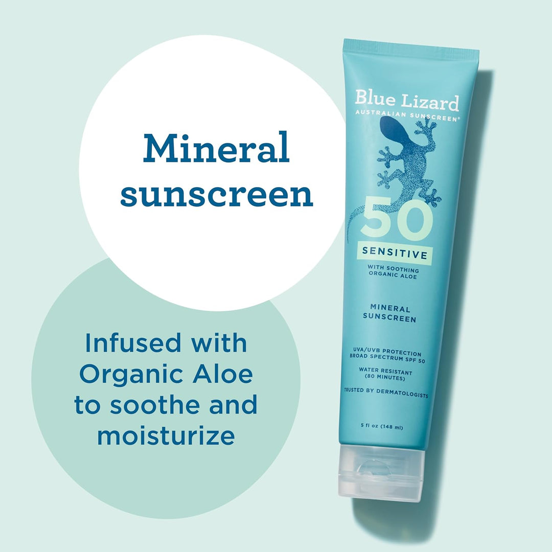 Blue Lizard Sensitive Mineral Sunscreen Lotion SPF 50, 148ml – Zinc Oxide & Aloe Vera, Fragrance-Free