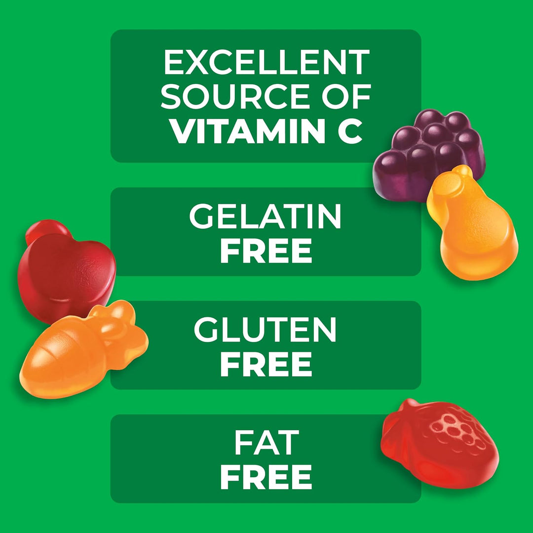 A green promotional graphic with four dark green text panels reading 'EXCELLENT SOURCE OF VITAMIN C', 'GELATIN FREE', 'GLUTEN FREE', and 'FAT FREE', surrounded by colorful gummy candies.