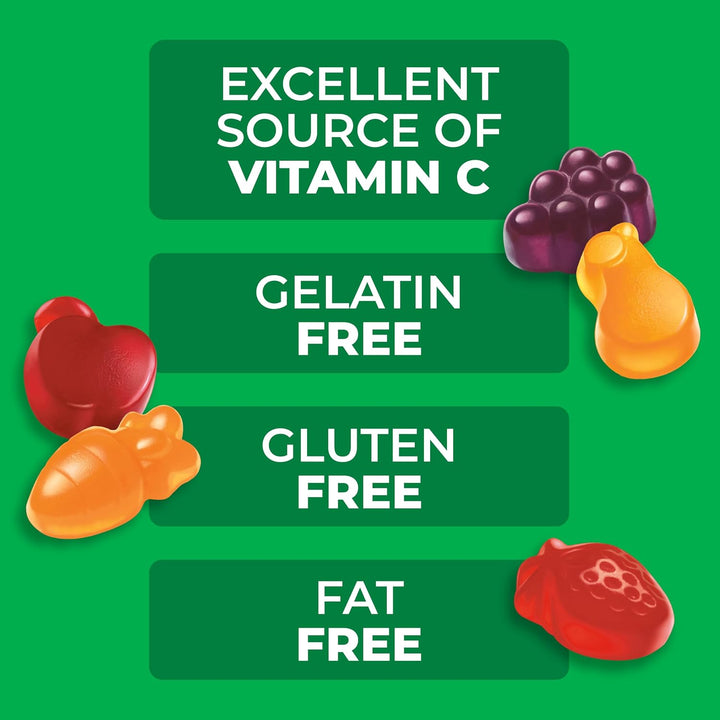 A green promotional graphic with four dark green text panels reading 'EXCELLENT SOURCE OF VITAMIN C', 'GELATIN FREE', 'GLUTEN FREE', and 'FAT FREE', surrounded by colorful gummy candies.