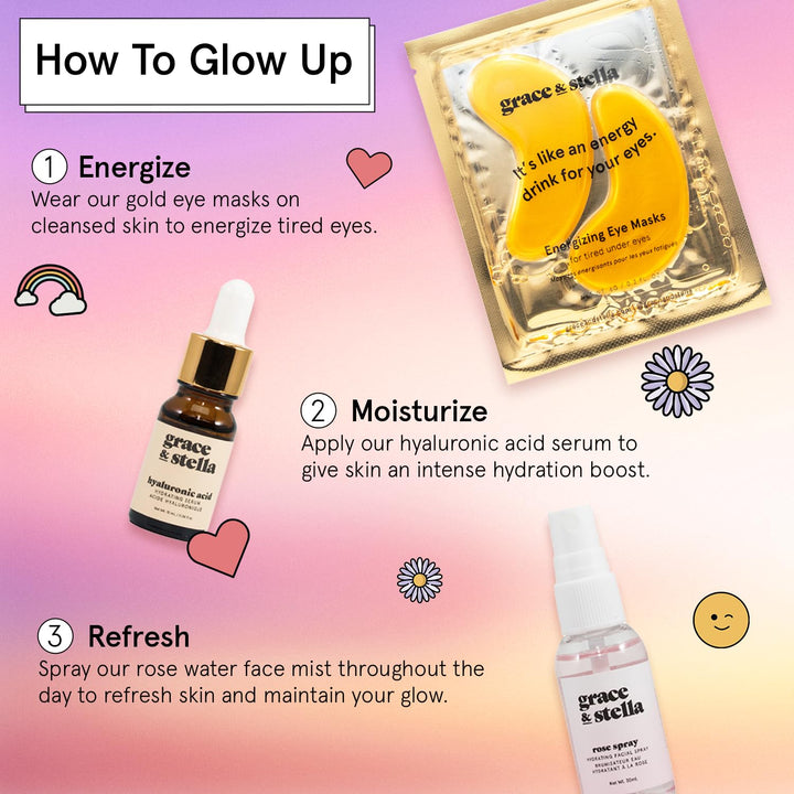 Grace & Stella Award-Winning Skincare Gift Set for Women – Travel-Size Face Essentials with Gold Eye Masks, Hyaluronic Acid Serum & Rose Spray – Vegan & Cruelty-Free