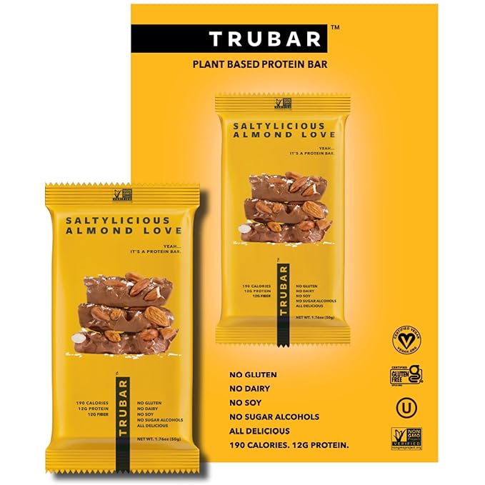 TRUBAR Vegan Protein Bar – Plant-Based, Gluten-Free, High Fiber Snack – 12g Protein, 13g Fiber – No Sugar Alcohols – 12 Count