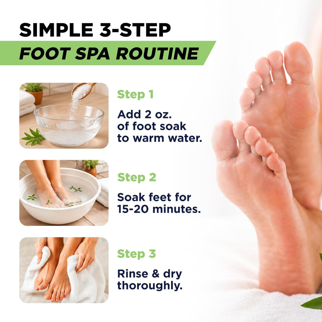 Instructional graphic for a foot spa routine with text reading 'SIMPLE 3-STEP FOOT SPA ROUTINE' and three small step panels showing adding foot soak, soaking feet in warm water, and rinsing and drying. A close-up of bare feet appears on the right side.