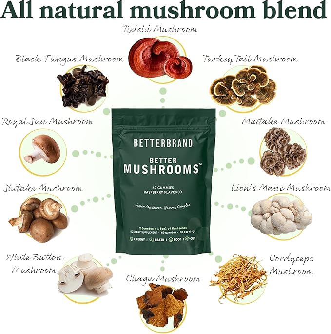 Betterbrand BetterMushrooms Mushroom Gummies to Support Gut Health, Metabolism, Energy, Focus - Lion's Mane, Cordyceps, Chaga & Maitake