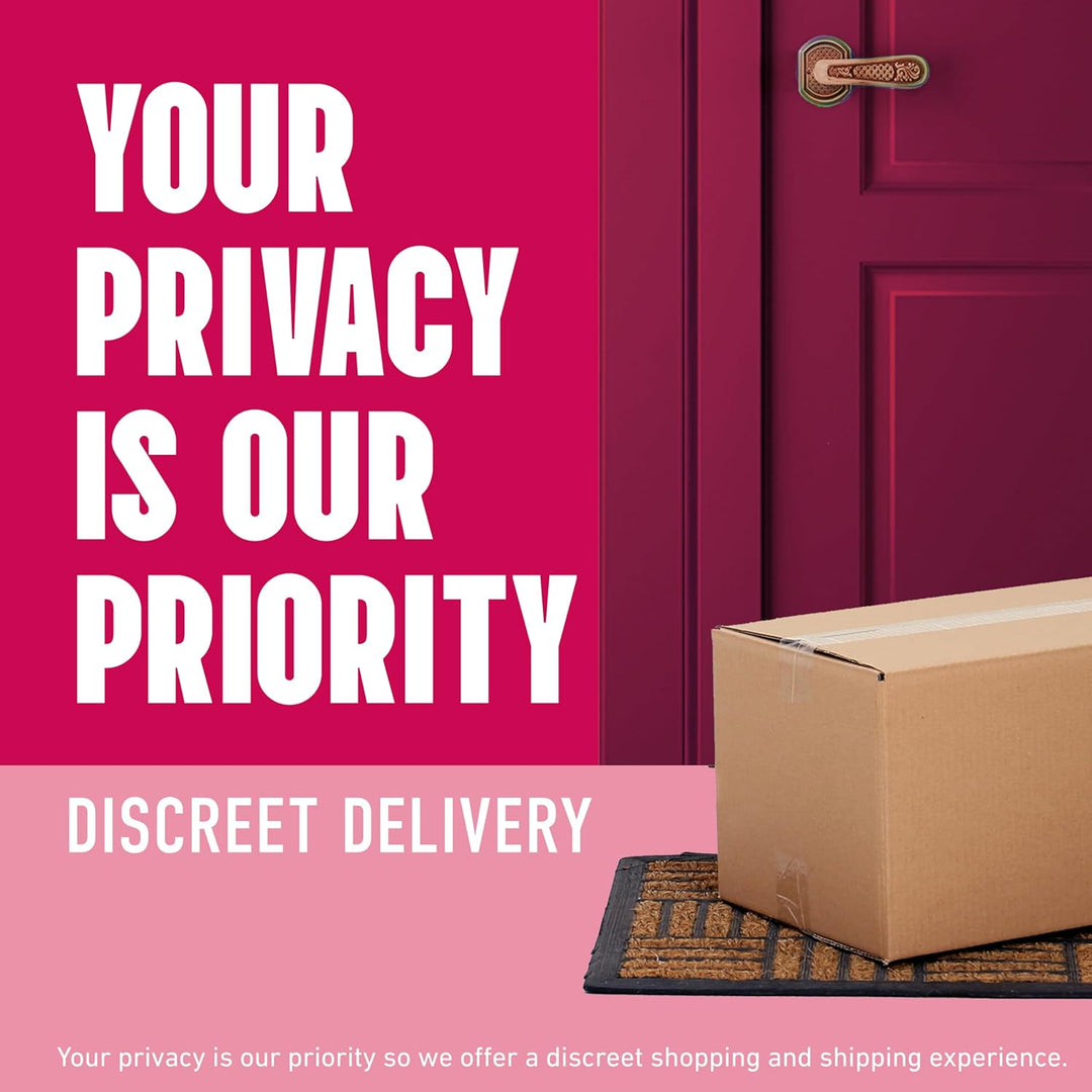 Promotional graphic for a discreet delivery service, featuring a brown cardboard box on a doormat in front of a burgundy door, with bold white text reading 'YOUR PRIVACY IS OUR PRIORITY' and 'DISCREET DELIVERY' on a pink background.