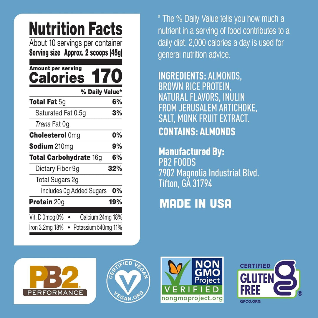PB2 Performance Almond Vegan Protein Powder, Vanilla, 20g Plant Protein, No Added Sugar, 1 lb
