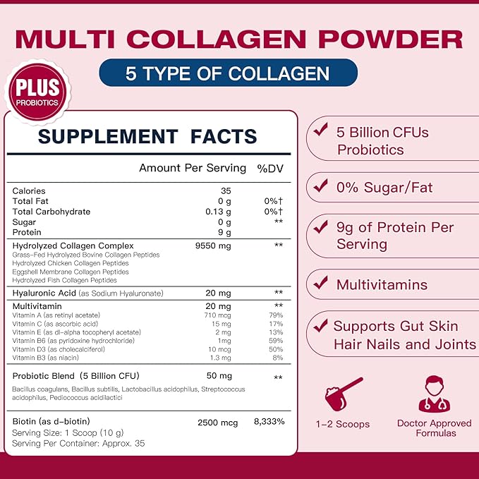 DRFOSTER Multi Collagen Peptides Powder with Probiotics – Type I, II, III, V, X – Hydrolyzed Collagen with Biotin, Hyaluronic Acid & Multivitamins – 35 Servings (390g)