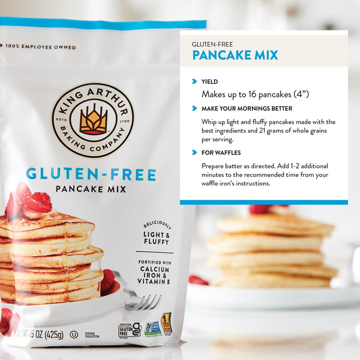 King Arthur Gluten-Free Pancake Mix packaging with images of pancakes and text on a white background