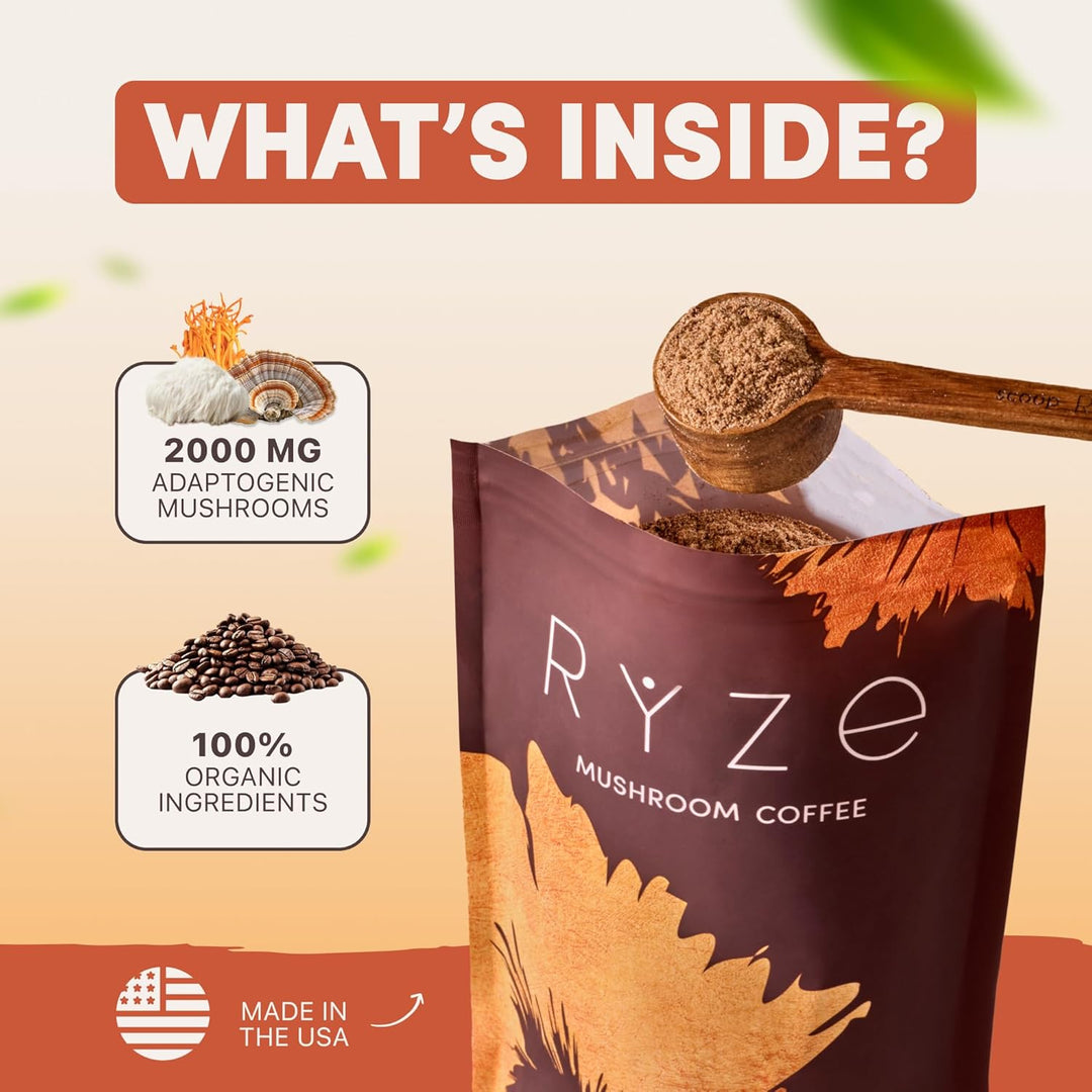 RYZE Mushroom Coffee | Organic Blend with 6 Mushrooms & MCT Oil |  Superfood Coffee