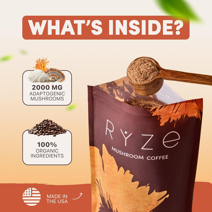 RYZE Mushroom Coffee | Organic Blend with 6 Mushrooms & MCT Oil |  Superfood Coffee