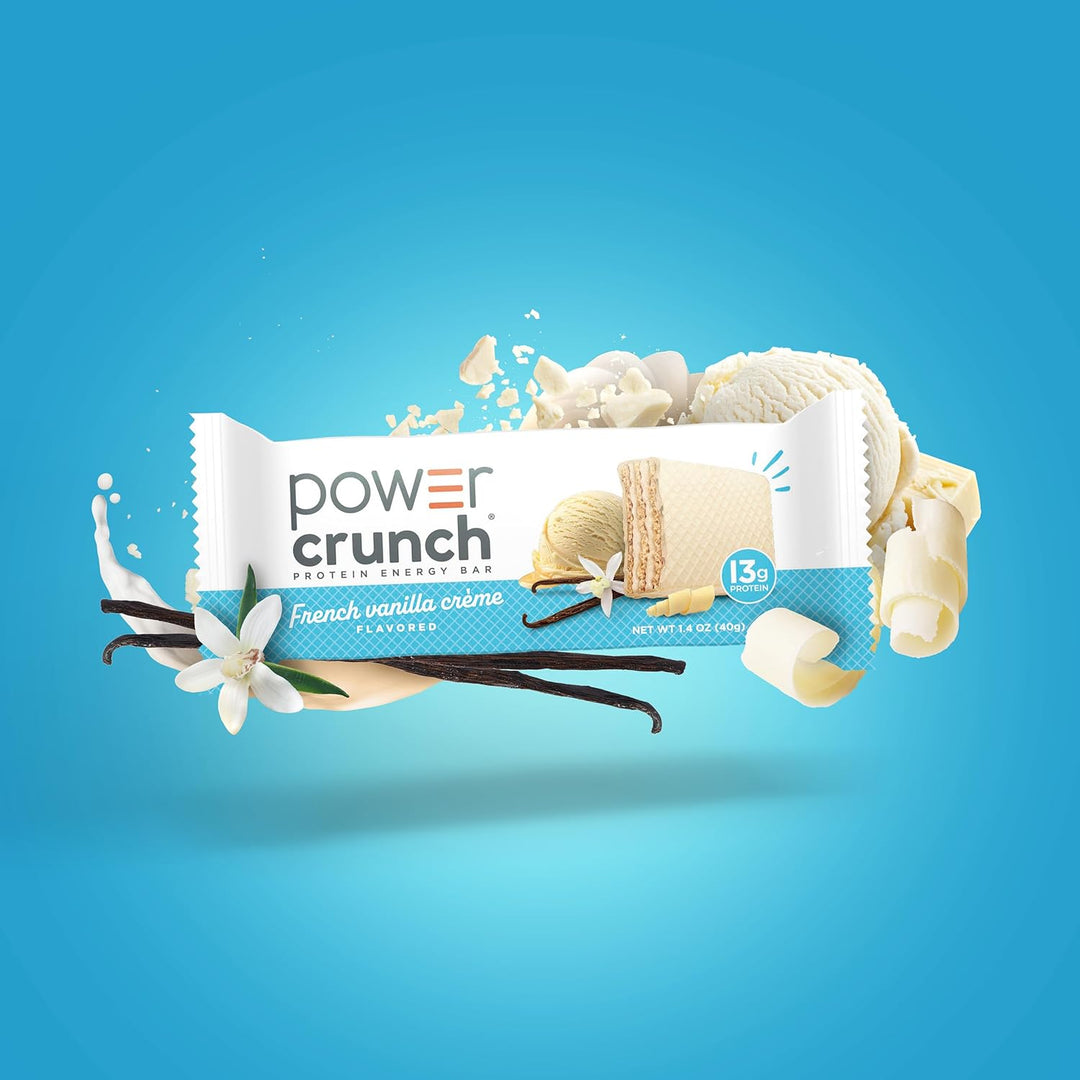 Power Crunch protein bar with vanilla cream flavor on a blue background