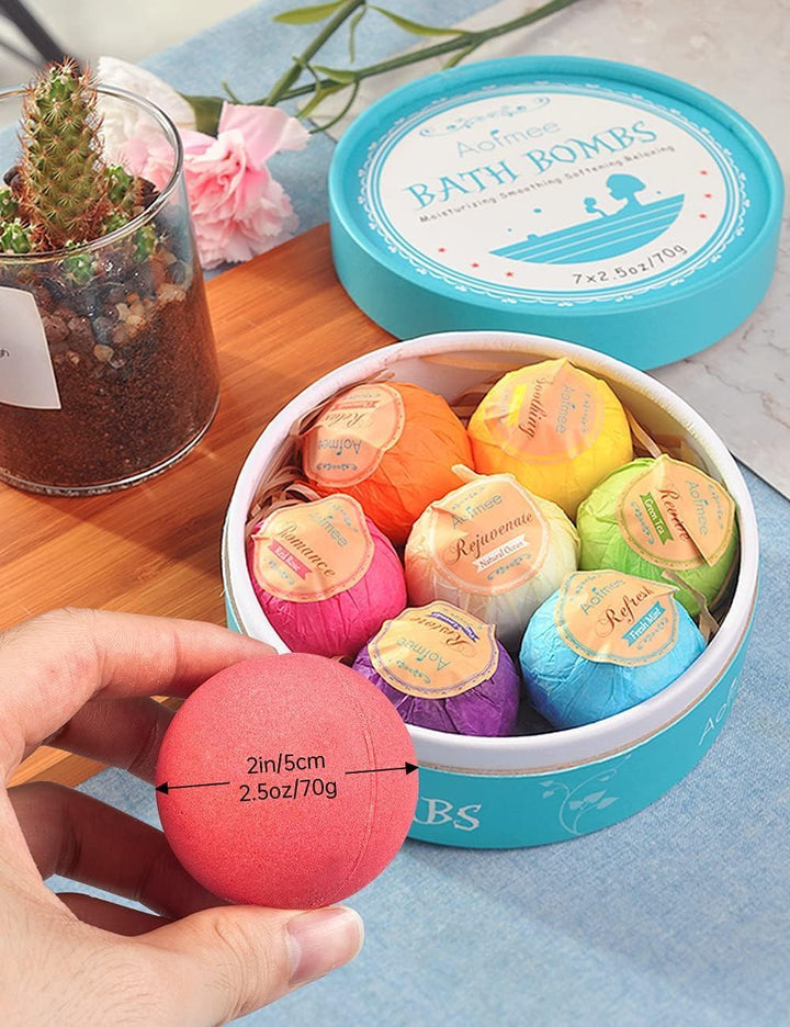 Aofmee Bath Bombs Gift Set – 7 Handmade Bubble Bath Fizzies with Essential Oils – Natural Spa Gift for Women & Kids