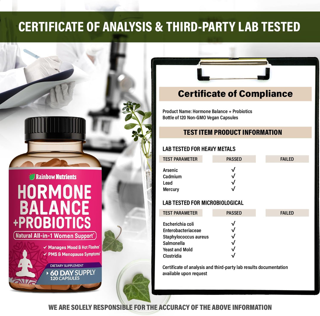Hormone Balance + Probiotics for Women – Plant-Based Dietary Supplement with Organic Maca, Chasteberry, Dong Quai & Black Cohosh, Non-GMO, 120 V Capsules