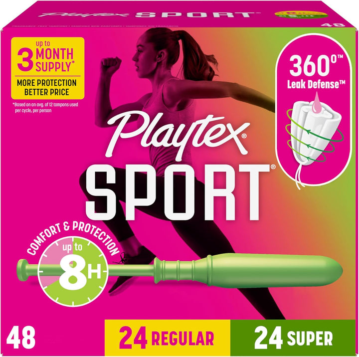 Playtex Sport Tampons Multipack – 48 Count (24 Regular / 24 Super), Fragrance-Free – 360° Leak Defense